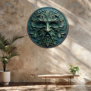 Green Man Face Metal Wall Art – UV Printed Aluminum Forest Spirit Garden Decor Indoor Outdoor V1