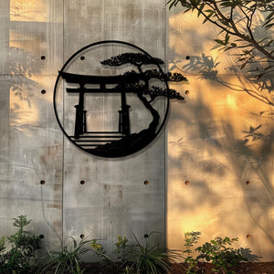 Japanese Torii Gate Metal Wall Art Zen Decor – Minimalist Asian Wall Hanging Bonsai Tree Home Decor