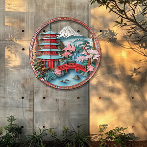Japanese Pagoda Wall Art Sakura Landscape Decor – Asian Mountain Fuji Bridge Scene Metal Wall Decor Zen Home Decor