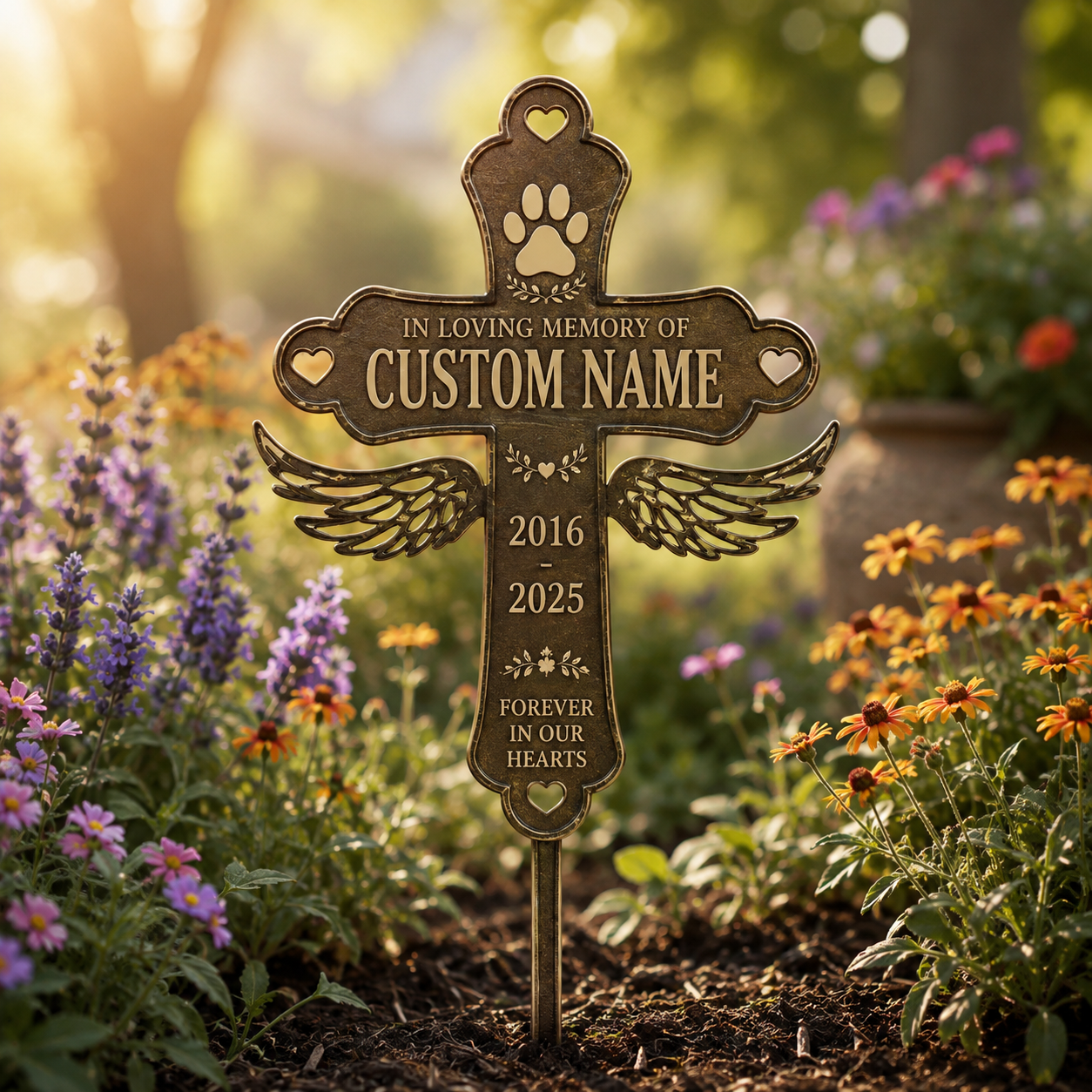 Personalized Pet Memorial Cross Garden Stake, Custom Pet Loss Metal Sign, Paw Print Memorial
