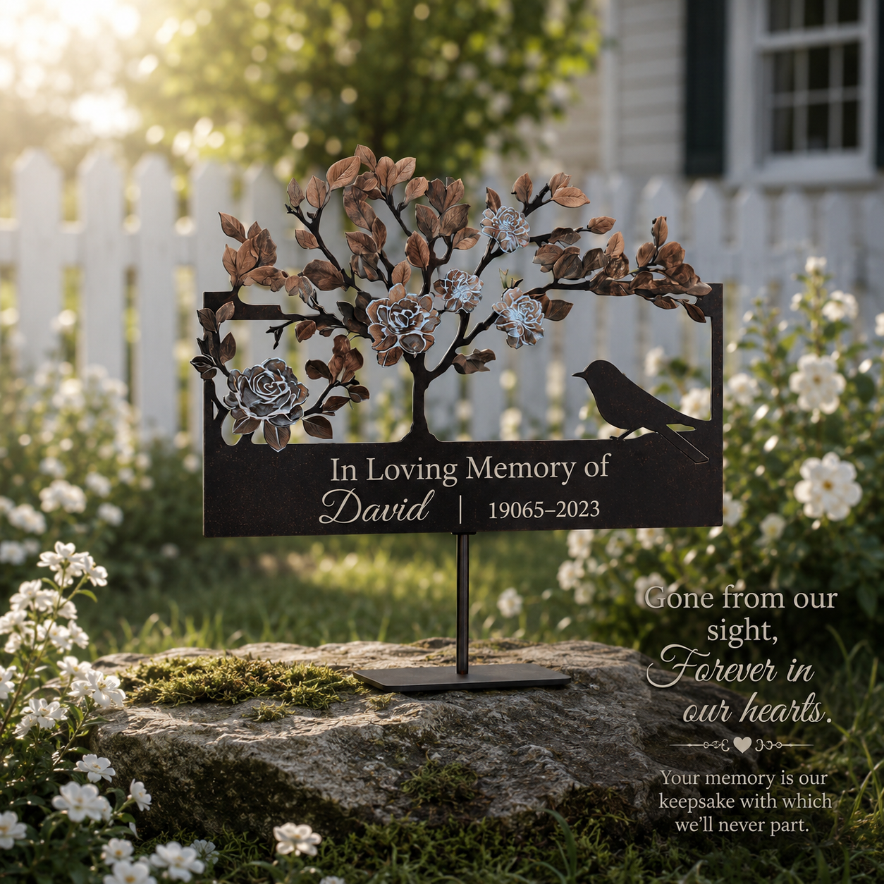 Personalized Tree Bird Memorial Garden Stake, Custom Memorial Metal Sign