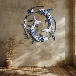Blue White Koi Fish Metal Wall Art – UV Printed Aluminum Decor Feng Shui Zen Indoor Outdoor
