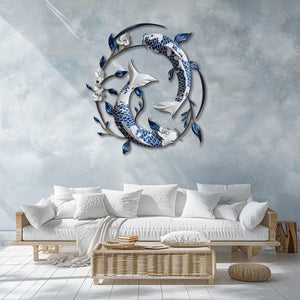Blue White Koi Fish Metal Wall Art – UV Printed Aluminum Japanese Zen Decor Indoor Outdoor