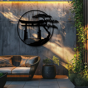 Japanese Torii Gate Metal Wall Art Zen Decor – Minimalist Asian Wall Hanging Bonsai Tree Home Decor