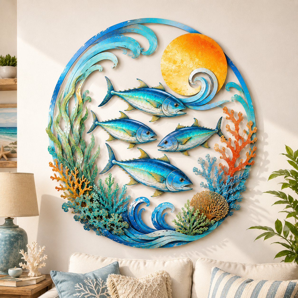School of Fish Metal Wall Art – Coastal Ocean Decor, Marine Garden Sign