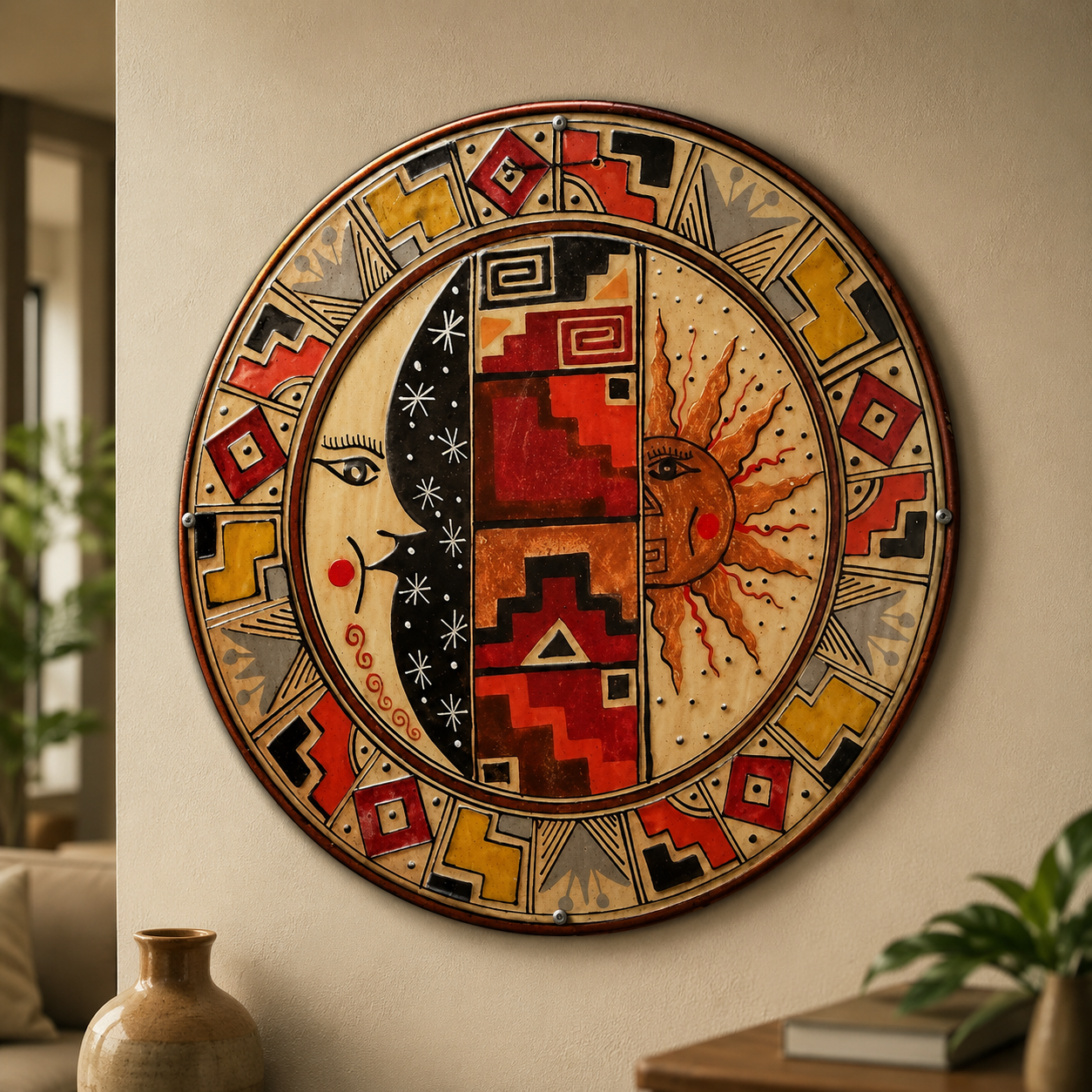 Aztec Sun Metal Wall Art, Tribal Sun Face Decor, Southwestern Living Room Sign