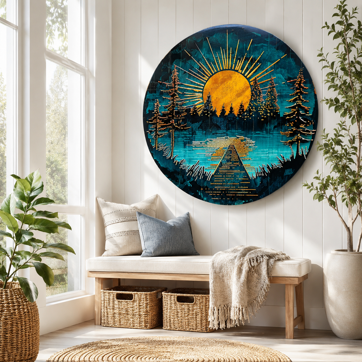 Lake Dock Sunburst Metal Wall Art, Aurora Lake Metal Sign For Cabin Decor