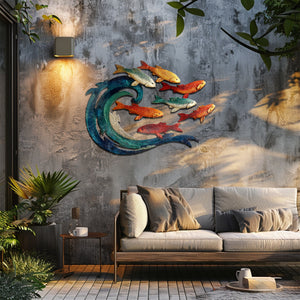 Wave School of Fish Metal Wall Art – UV Printed Coastal Decor Beach Indoor Outdoor