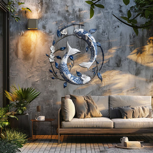 Blue White Koi Fish Metal Wall Art – UV Printed Aluminum Decor Feng Shui Zen Indoor Outdoor