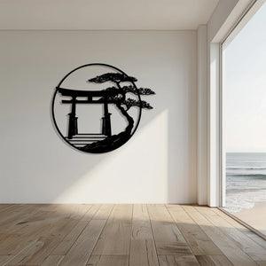 Japanese Torii Gate Metal Wall Art Zen Decor – Minimalist Asian Wall Hanging Bonsai Tree Home Decor