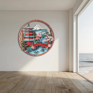 Japanese Pagoda Wall Art Sakura Landscape Decor – Asian Mountain Fuji Bridge Scene Metal Wall Decor Zen Home Decor