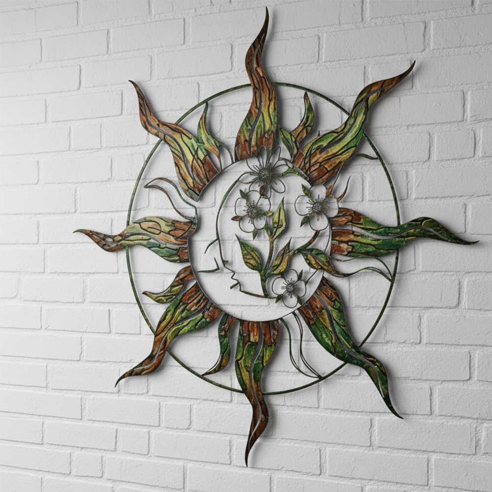 Holographic Sun Moon Floral Metal Wall Art – Celestial Boho Garden Decor Sign