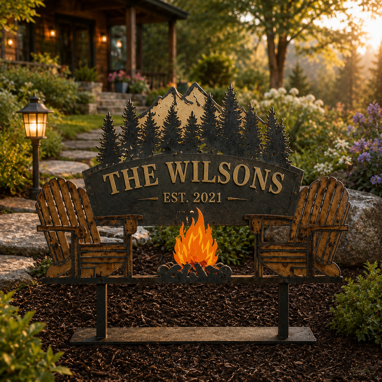 Personalized Campfire Metal Sign Garden Stake, Custom Family Name Outdoor Sign