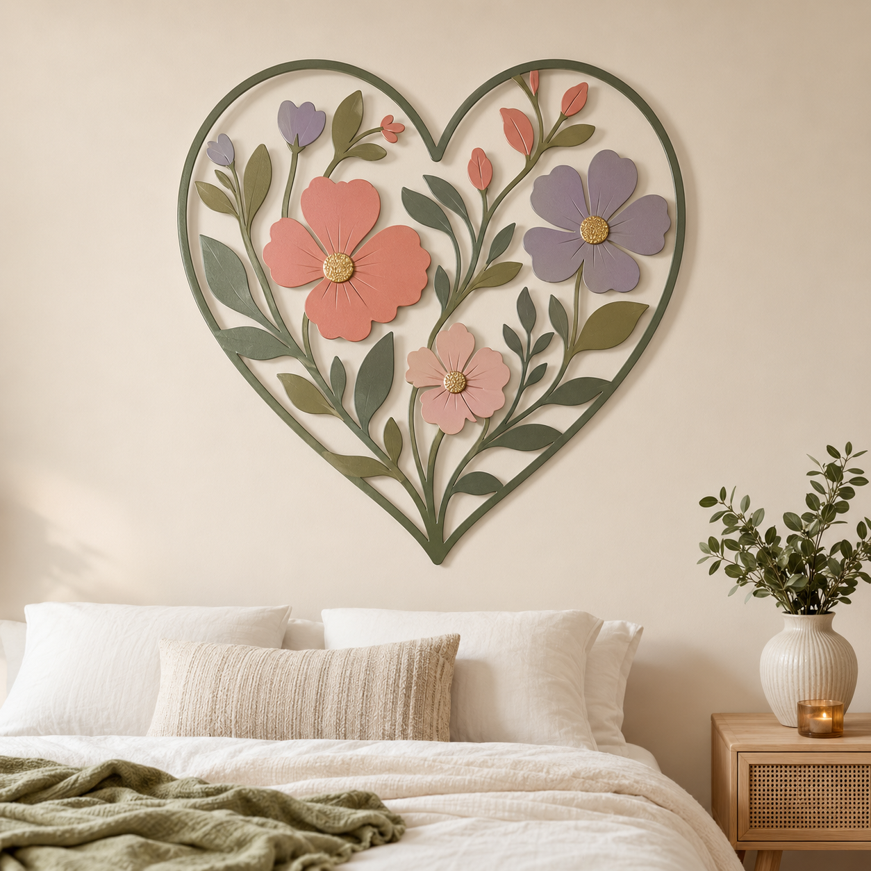 Flower Heart Shape Metal Wall Art, Romantic Floral Decor for Patio & Garden