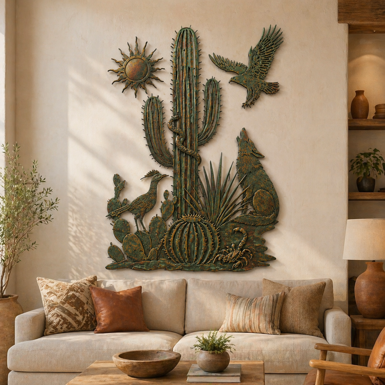 Green Cactus Cut Out Metal Wall Art, Southwestern Desert Decor for Patio