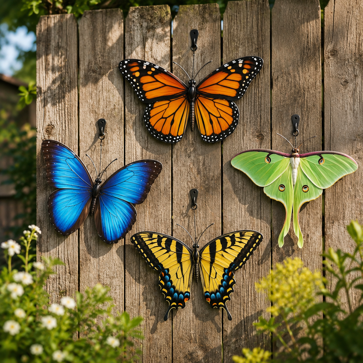 Set of Butterfly Metal Wall Art, Monarch Blue Morpho Luna Moth Garden Fence Decor, Colorful Outdoor Patio Wall Sign