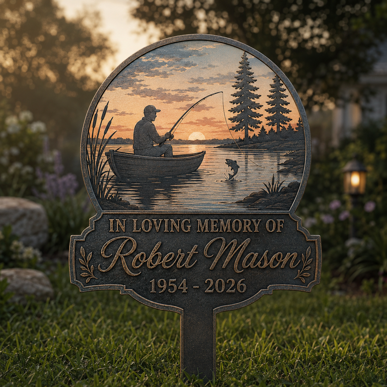 Custom Fishing Memorial Metal Sign Stake, Fisher Loss, In Memorial Of Gift