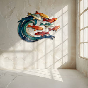 Wave School of Fish Metal Wall Art – UV Printed Coastal Decor Beach Indoor Outdoor