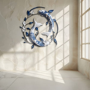 Blue White Koi Fish Metal Wall Art – UV Printed Aluminum Decor Feng Shui Zen Indoor Outdoor