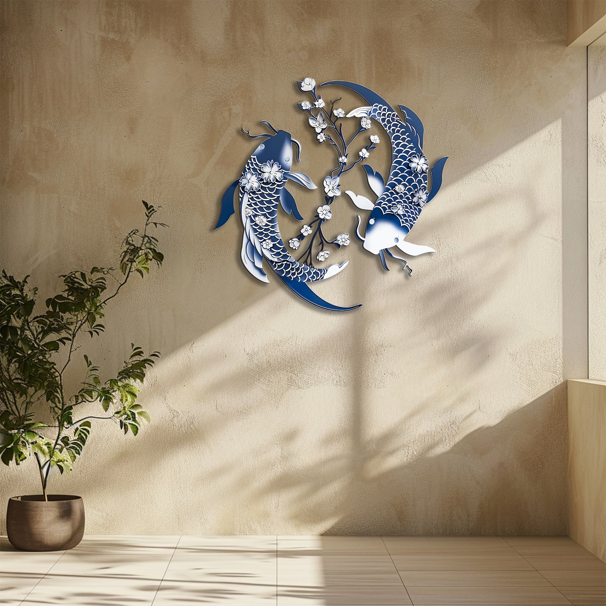 Blue Koi Fish Metal Wall Art – UV Printed Aluminum Japanese Zen Decor Indoor Outdoor