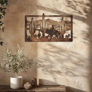 Western Cowboy Metal Wall Art – Desert Cactus Horse Decor Rustic Ranch Outdoor Indoor