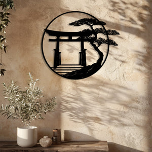 Japanese Torii Gate Metal Wall Art Zen Decor – Minimalist Asian Wall Hanging Bonsai Tree Home Decor