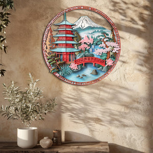 Japanese Pagoda Wall Art Sakura Landscape Decor – Asian Mountain Fuji Bridge Scene Metal Wall Decor Zen Home Decor