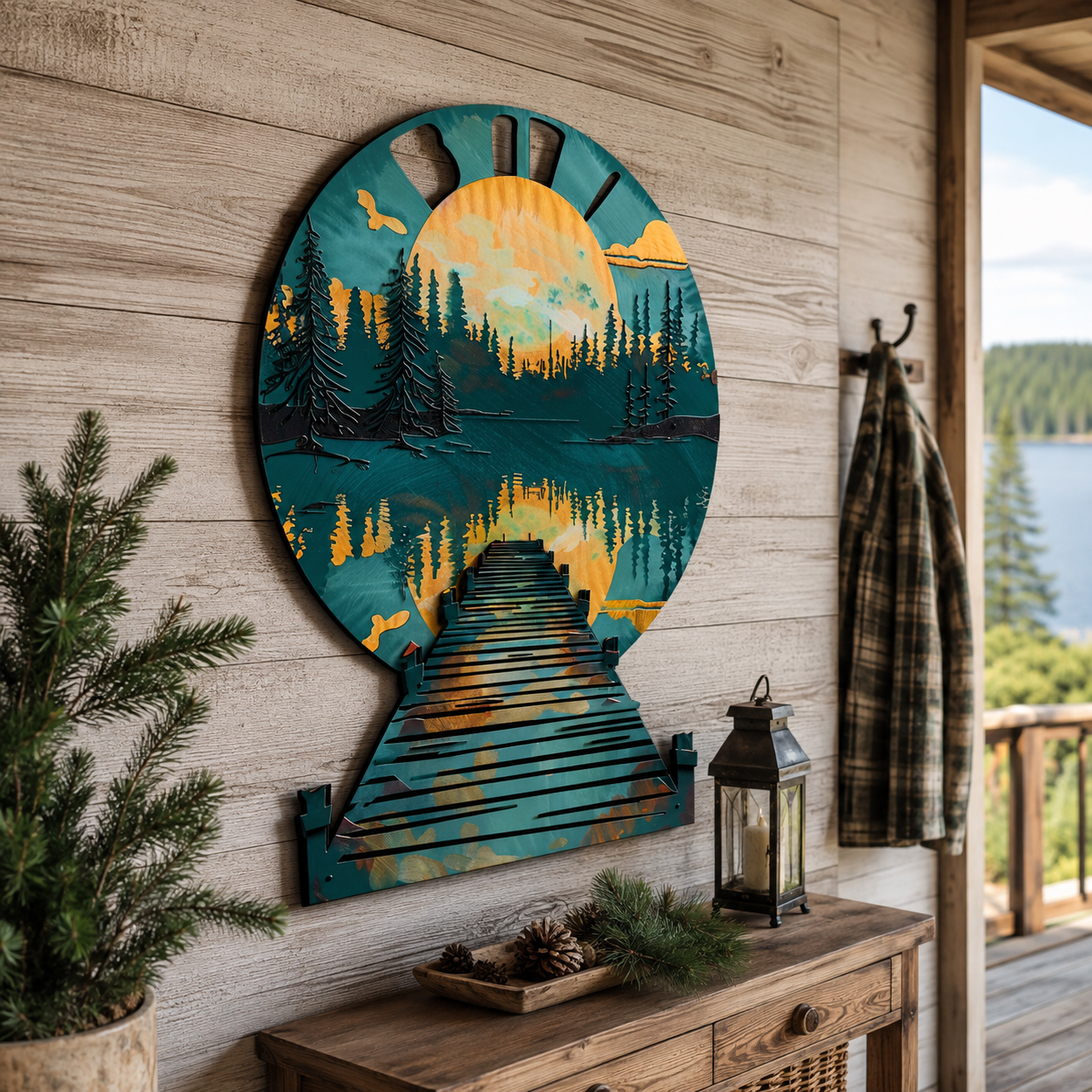 Stunning Lake Dock Sunburst Metal Wall Art, Aurora Lake Metal Sign Decor