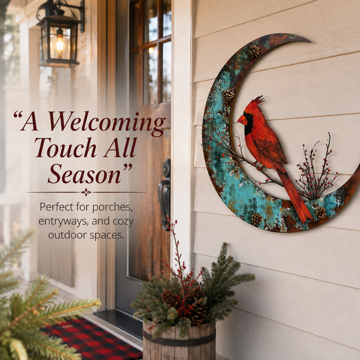 Crescent Moon Cardinal Winter Metal Wall Art
