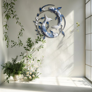Blue White Koi Fish Metal Wall Art – UV Printed Aluminum Japanese Zen Decor Indoor Outdoor