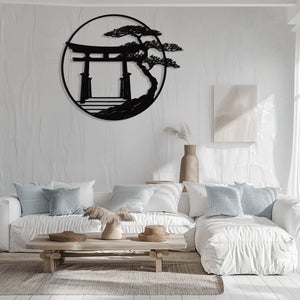Japanese Torii Gate Metal Wall Art Zen Decor – Minimalist Asian Wall Hanging Bonsai Tree Home Decor