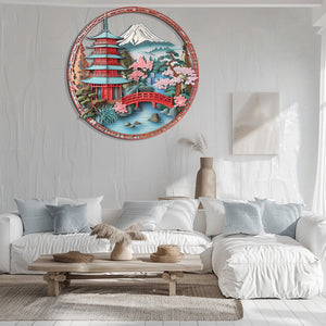 Japanese Pagoda Wall Art Sakura Landscape Decor – Asian Mountain Fuji Bridge Scene Metal Wall Decor Zen Home Decor