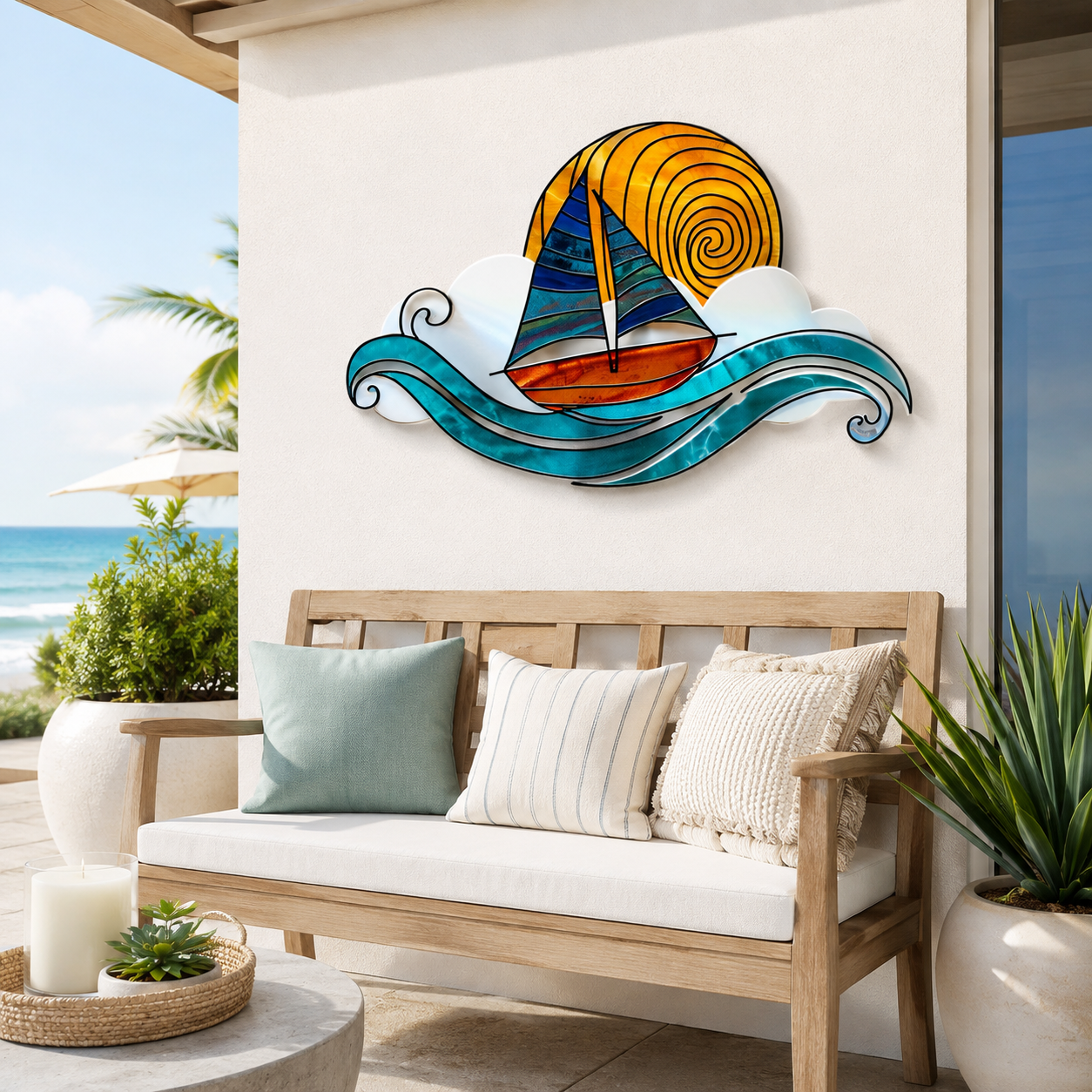 Sailboat Wave Sunburst Metal Wall Art, Colorful Ocean Metal Sign Decor