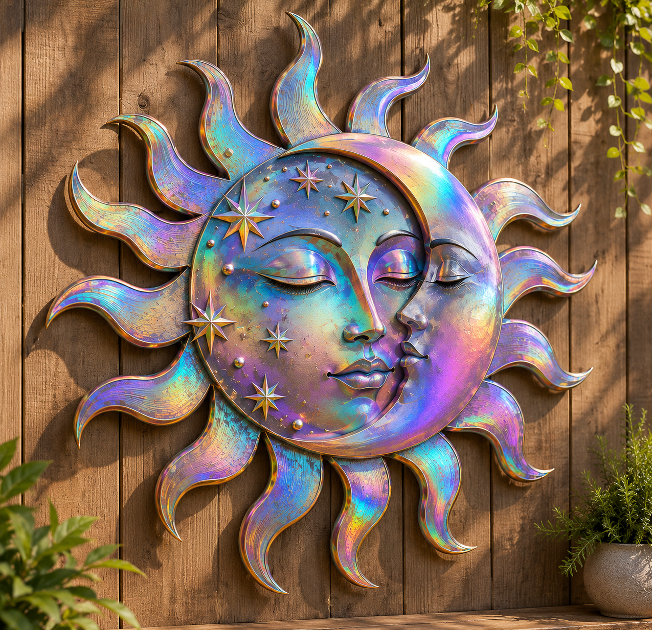 Holographic Sun Moon Metal Wall Art, Tribal Sun Face Decor