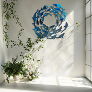 Circle School of Fish Metal Wall Art – UV Printed Coastal Decor Beach Indoor Outdoor