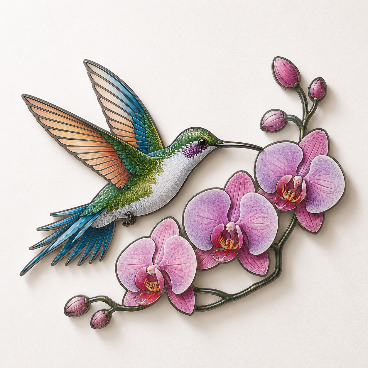 Hummingbird Orchid Metal Wall Art Tropical Bird Decor Colorful Floral Wall Hanging Garden Patio Outdoor Sign