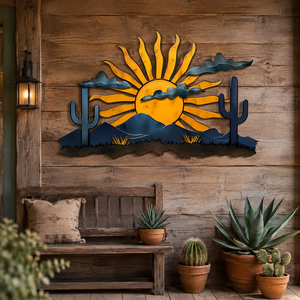 Vibrant Yellow Blue Southwestern Sunburst Panorama Metal Wall Art