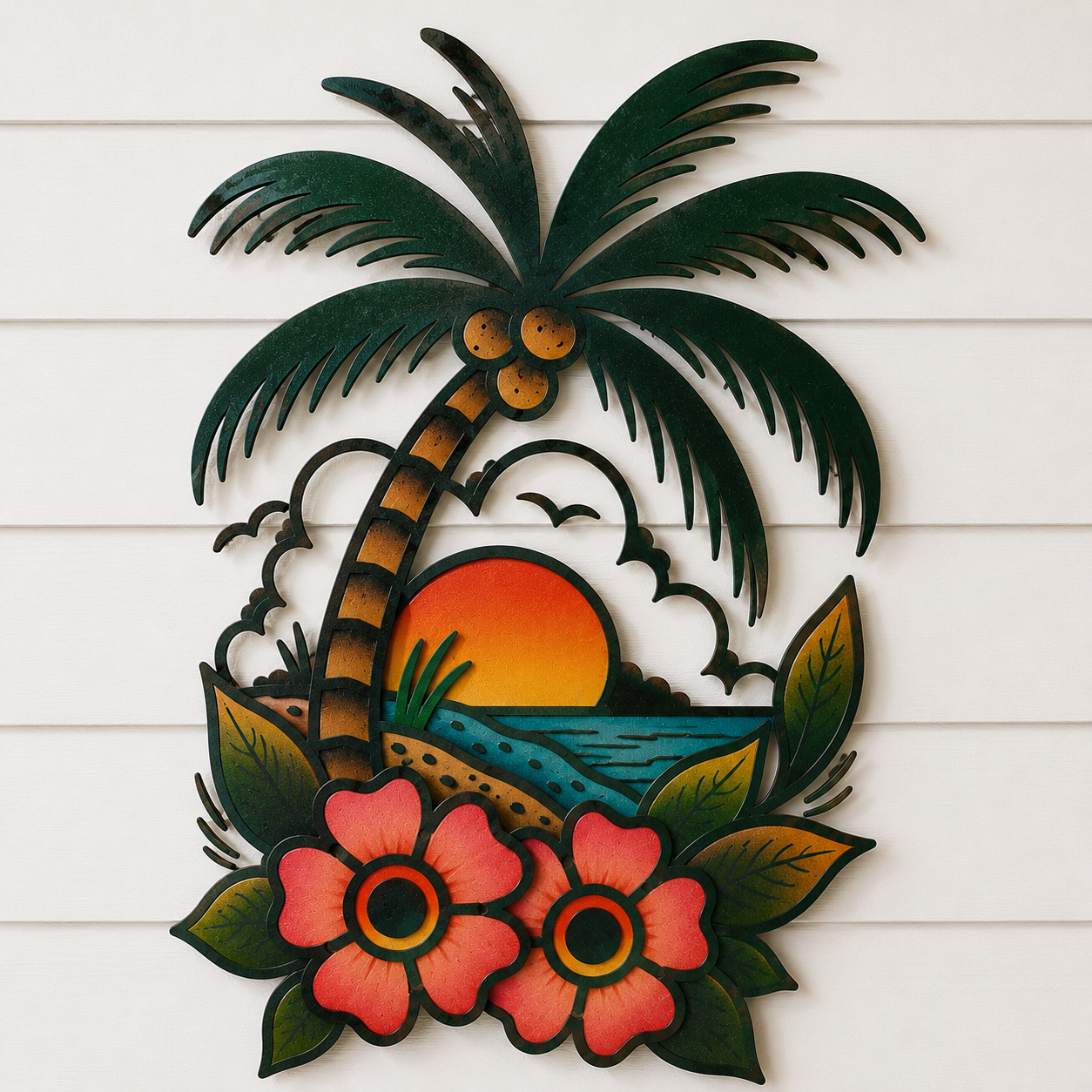 Palm Tree Beach Wave Metal Wall Art – Tropical Coastal Ocean