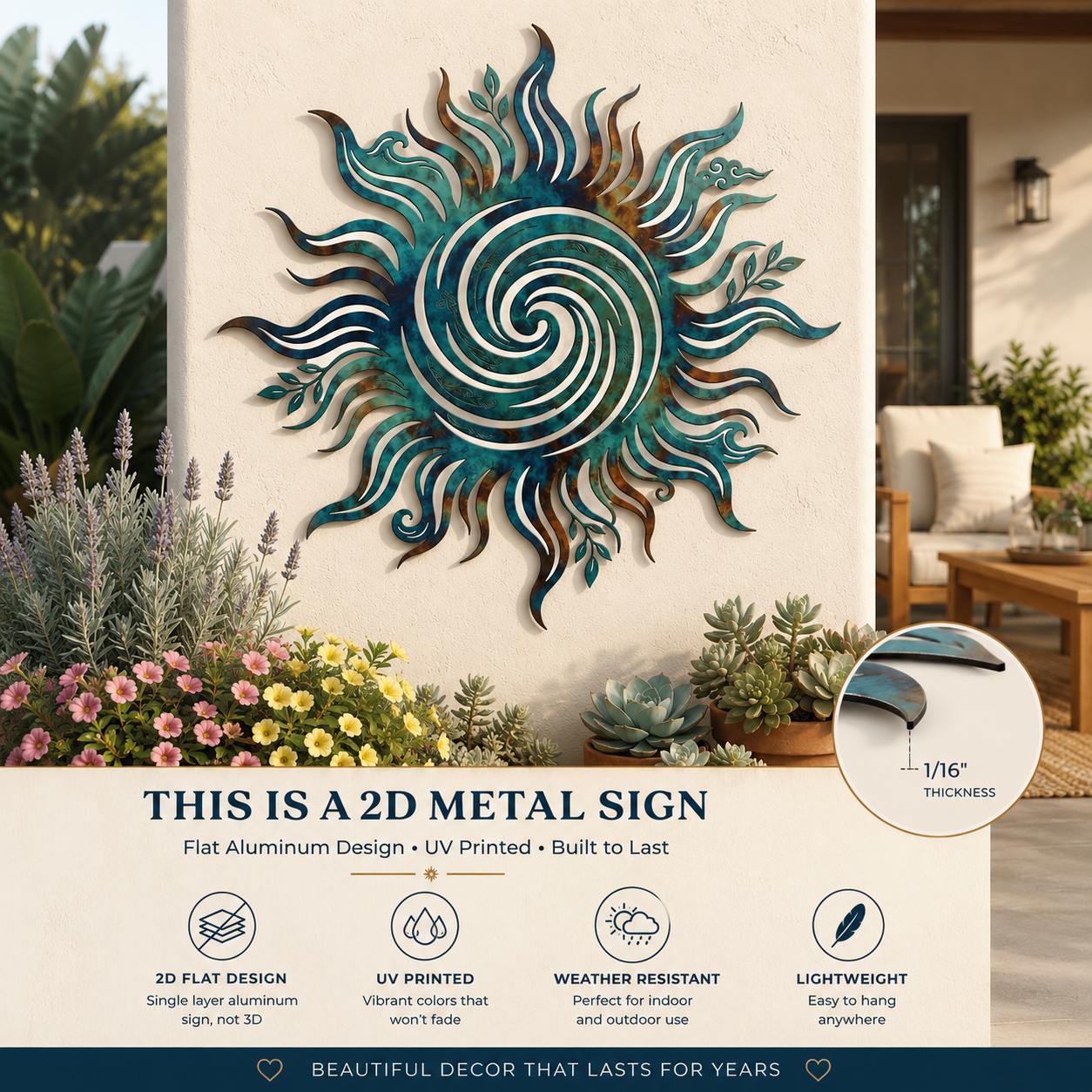 Modern Spiral Sun Metal Wall Art, Blue Turquoise Celestial Aluminum Sign, Coastal Patio Garden and Outdoor Wall Decor