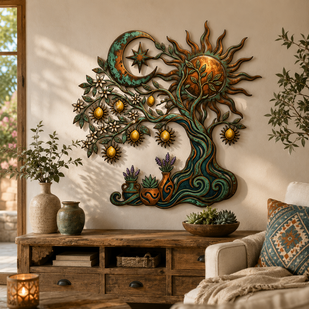 Celestial Tree of Life Metal Wall Art Sun Moon Wall Decor Boho Botanical Aluminum Metal Sign Nature Home Decor Gift