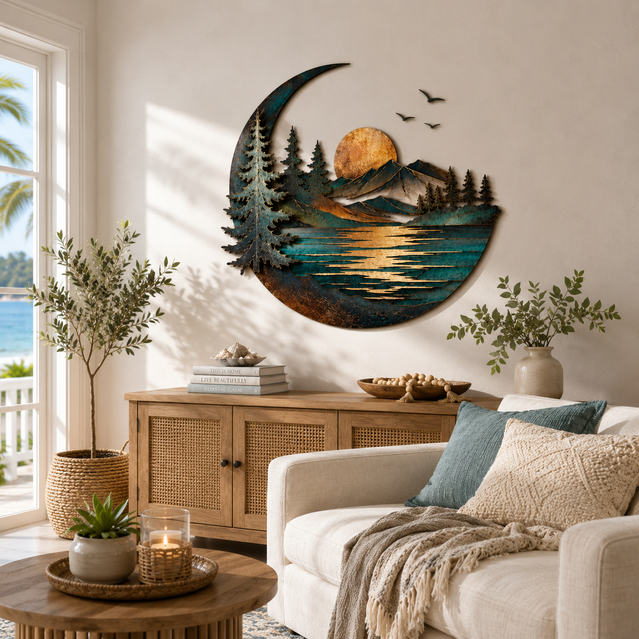 Coastal Crescent Moon Metal Wall Art Mountain Lake Sunset Metal Sign Nature Aluminum Wall Decor Rustic Cabin Gift