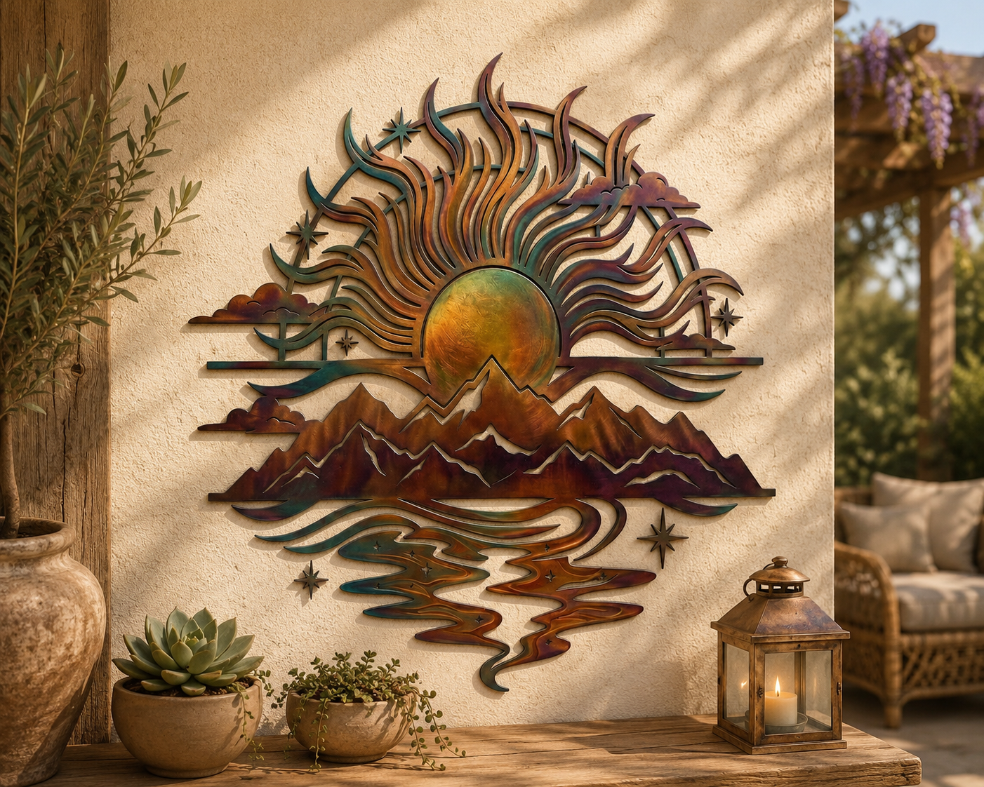Mountain Lake Sunrise Metal Wall Art, Rustic Mountain Metal Sign, Nature Landscape Decor, Cabin Wall Decor, Outdoor Patio Art