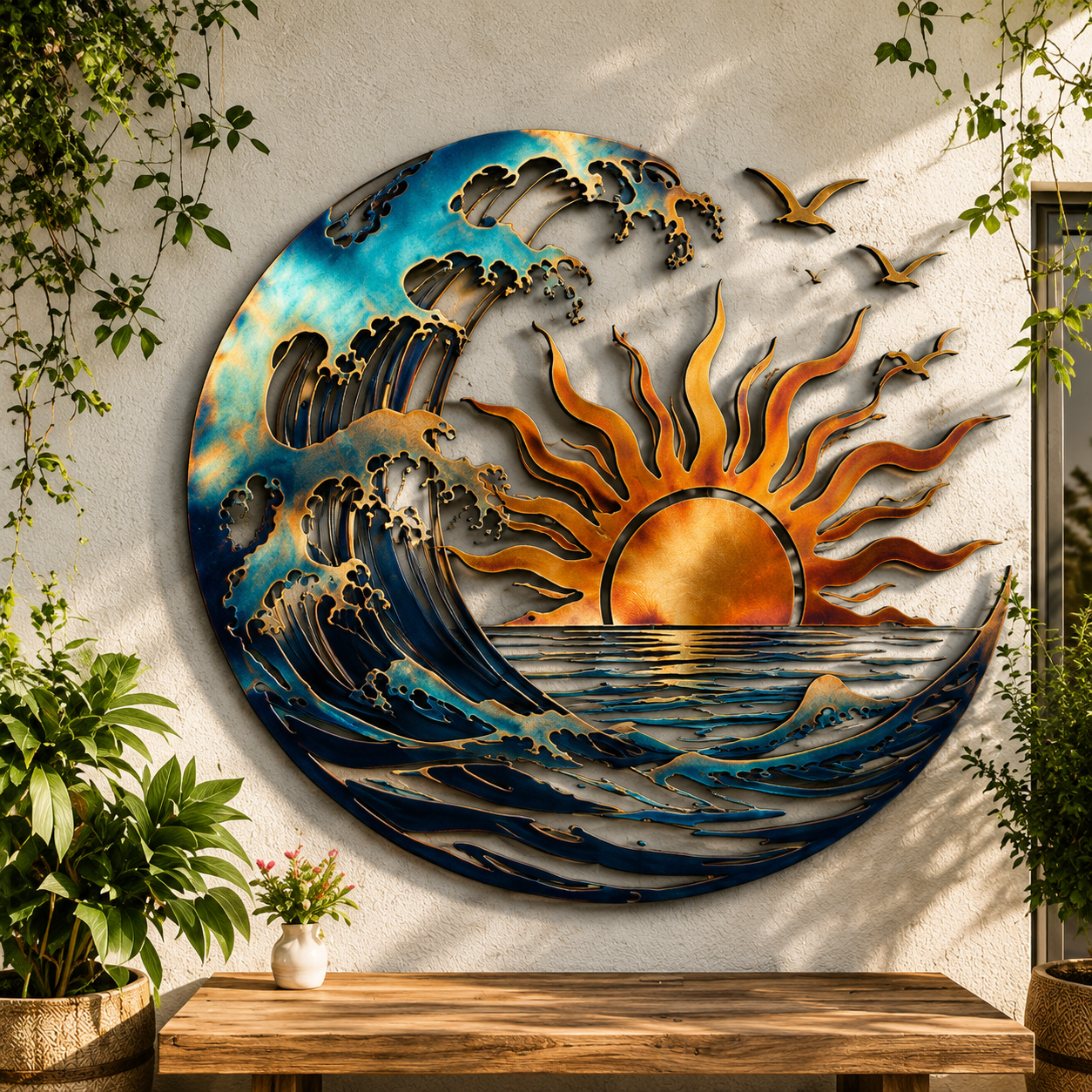 Japanese Great Wave Metal Wall Art, Coastal Ocean Sunset Metal Sign, UV Printed Aluminum Wall Decor, Beach House Gift