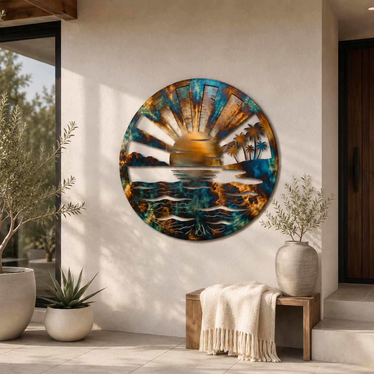Tropical Sunset Metal Wall Art, Coastal Ocean Metal Sign, Palm Tree Beach House Decor, Outdoor Patio Wall Art