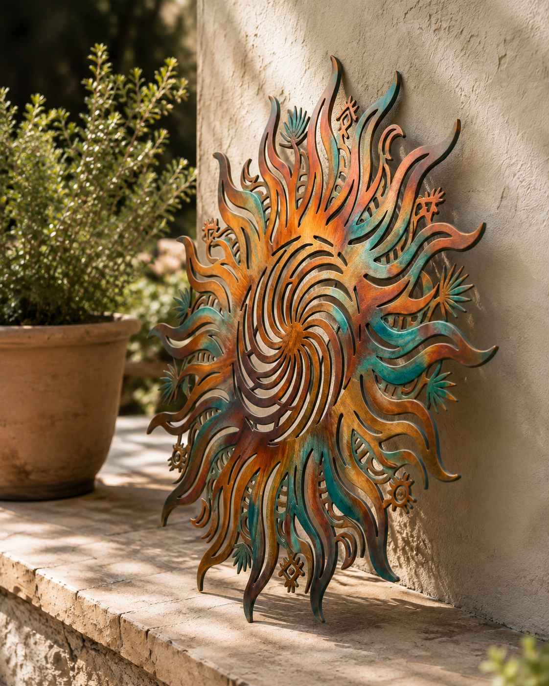 Vibrant Sun Symbol Metal Wall Art, Boho Sunburst Porch Decor, Outdoor Garden Sign