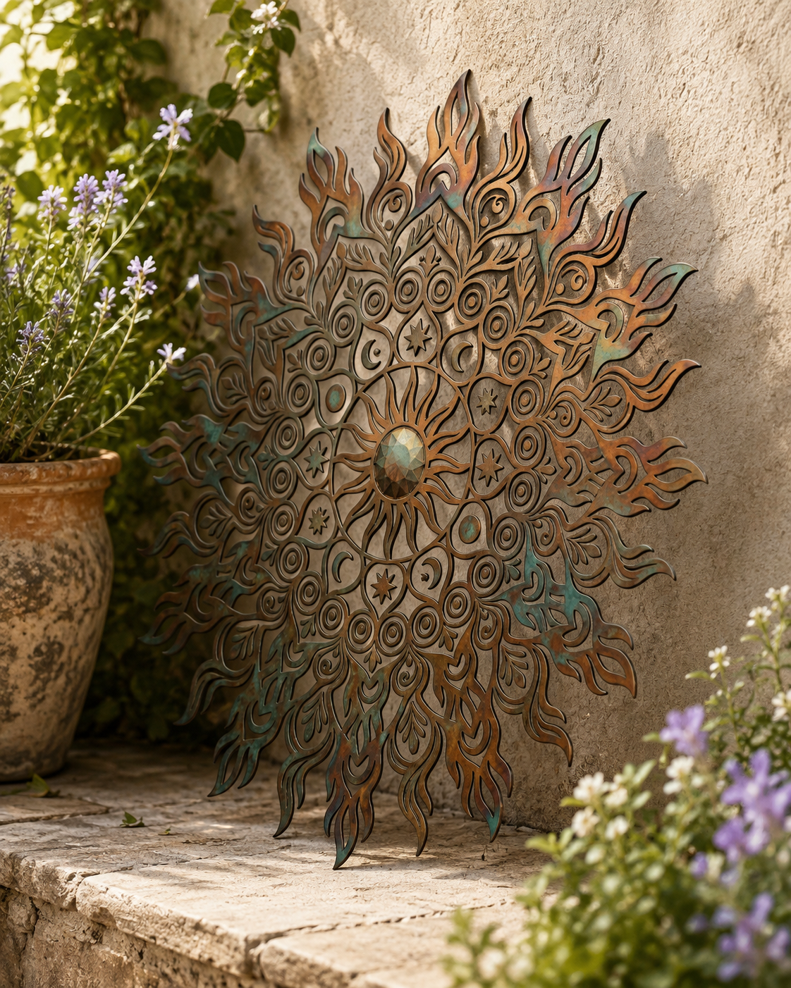 Rustic Mandala Metal Wall Art, Large Sunburst Outdoor Patio Decor