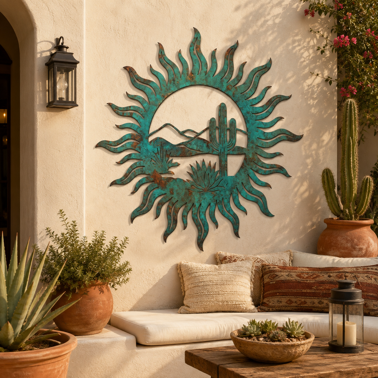 Turquoise Desert Sun Metal Art, Cactus Mountain Wall Decor, Southwestern Metal Sign