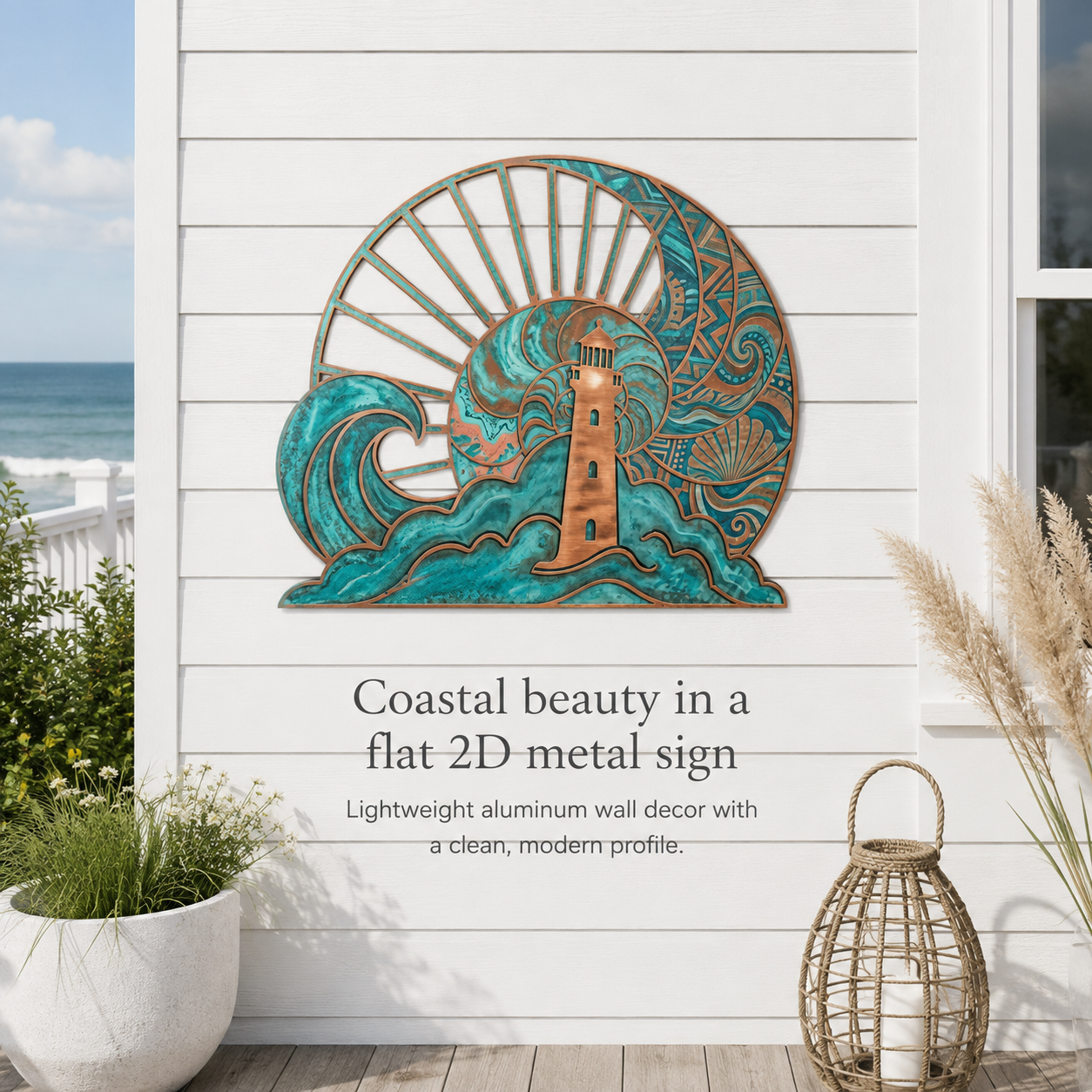 Lighthouse Sunrise Metal Art, Coastal Wall Decor, Turquoise Patina Sign