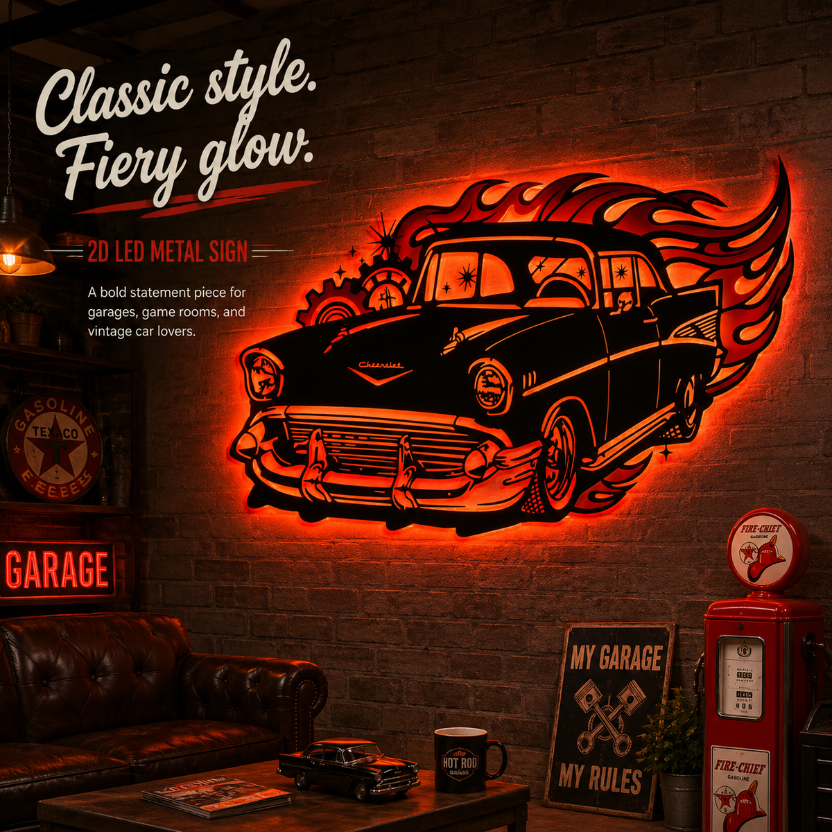 Classic Car Led Sign Man Cave Decor, Vintage Wall Art, Garage Metal Decor