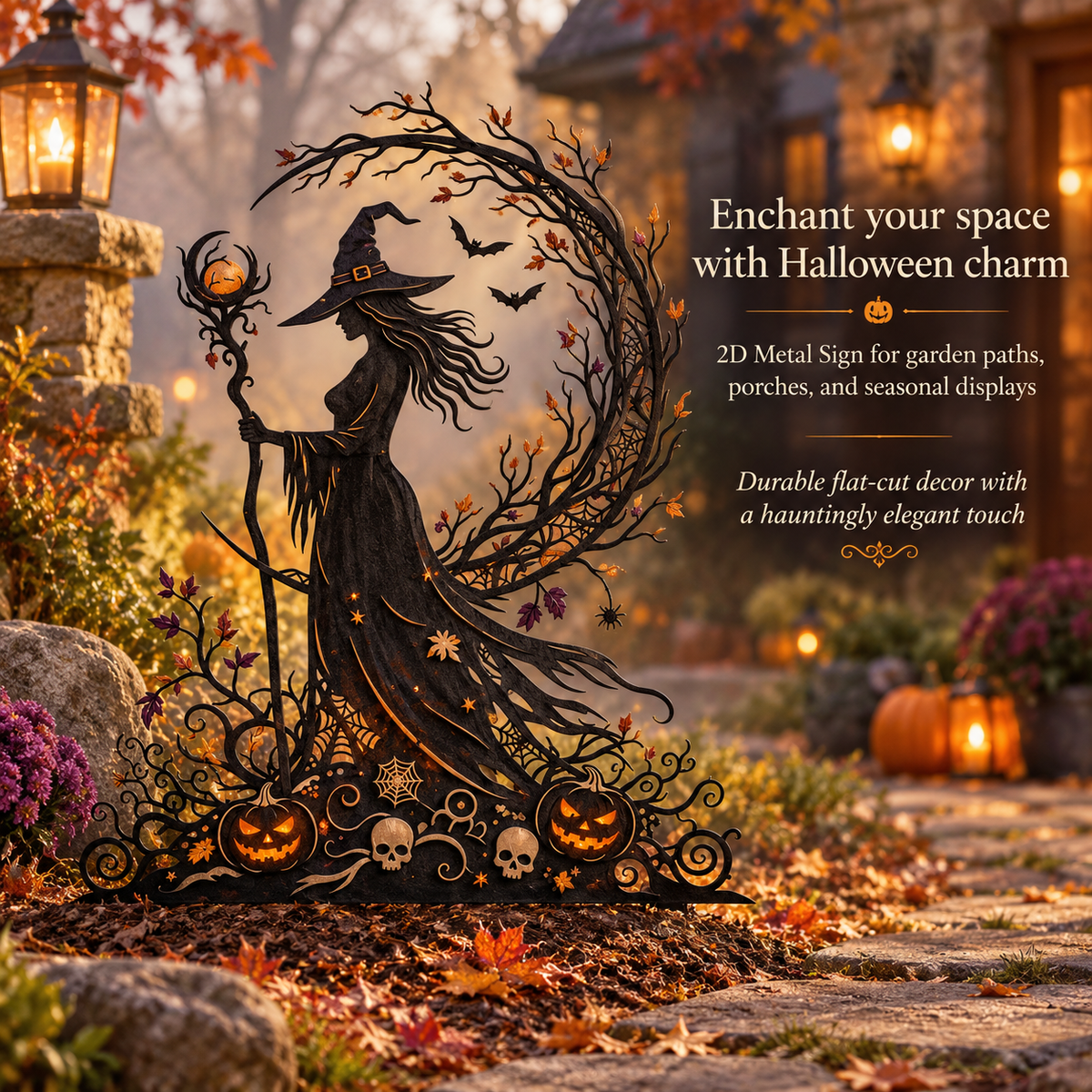 Witch Garden Stake Halloween Outdoor Decor Spooky Metal Sign